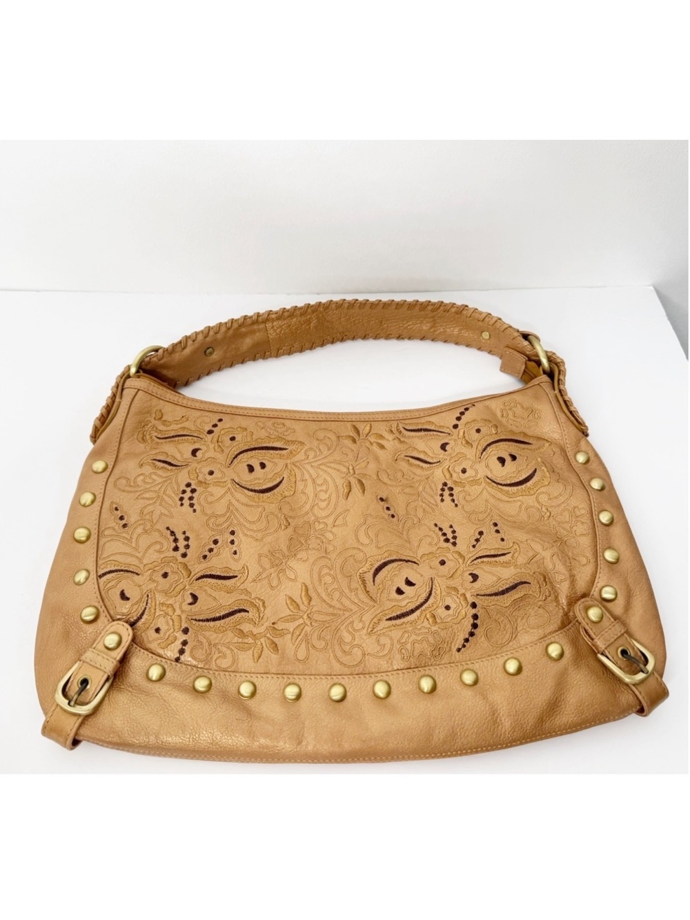 SHARIF | 100% Leather Logo Tan Gold Floral Embroidered Shoulder Handbag Hobo